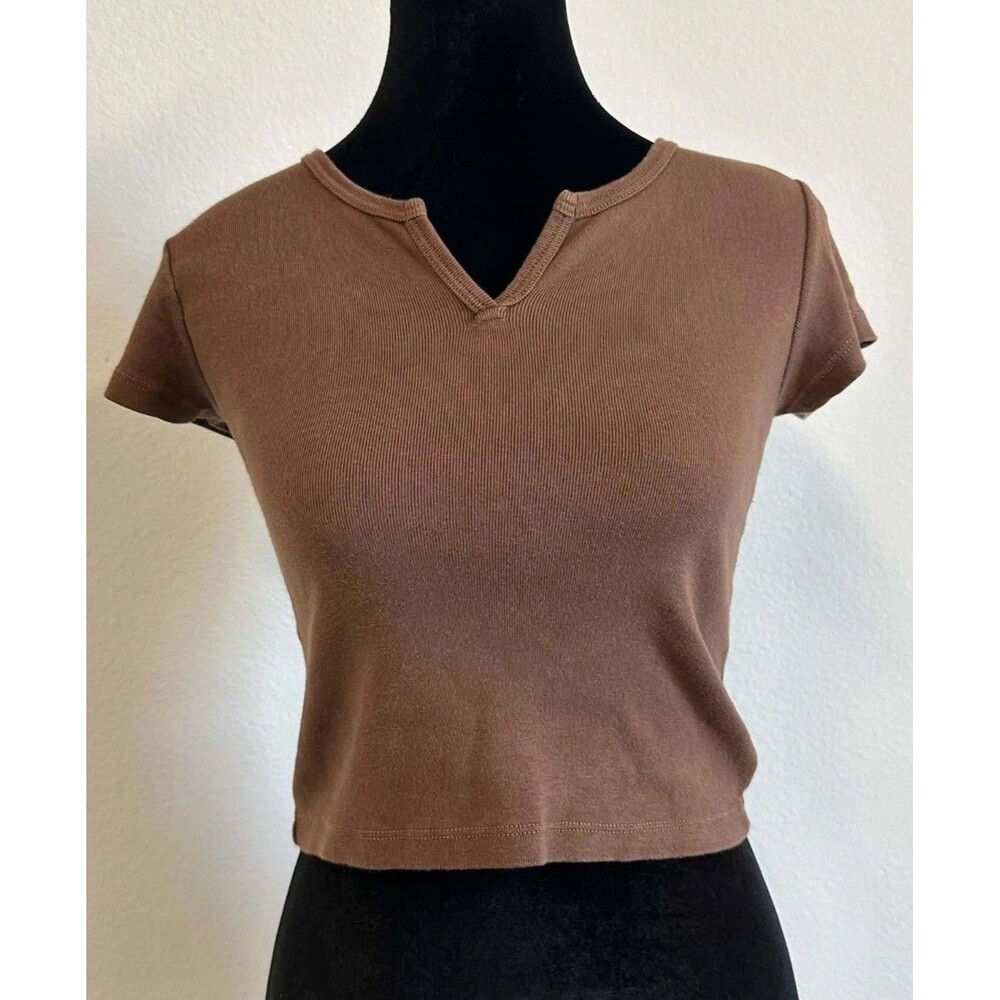 Brandy Melville Women’s Brown Ribbed Short-Sleeve Notch Neck SIze Small